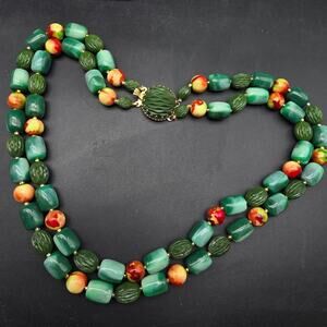 Vintage Hong Kong Green Orange Layered Necklace Beaded Costume Jewelry